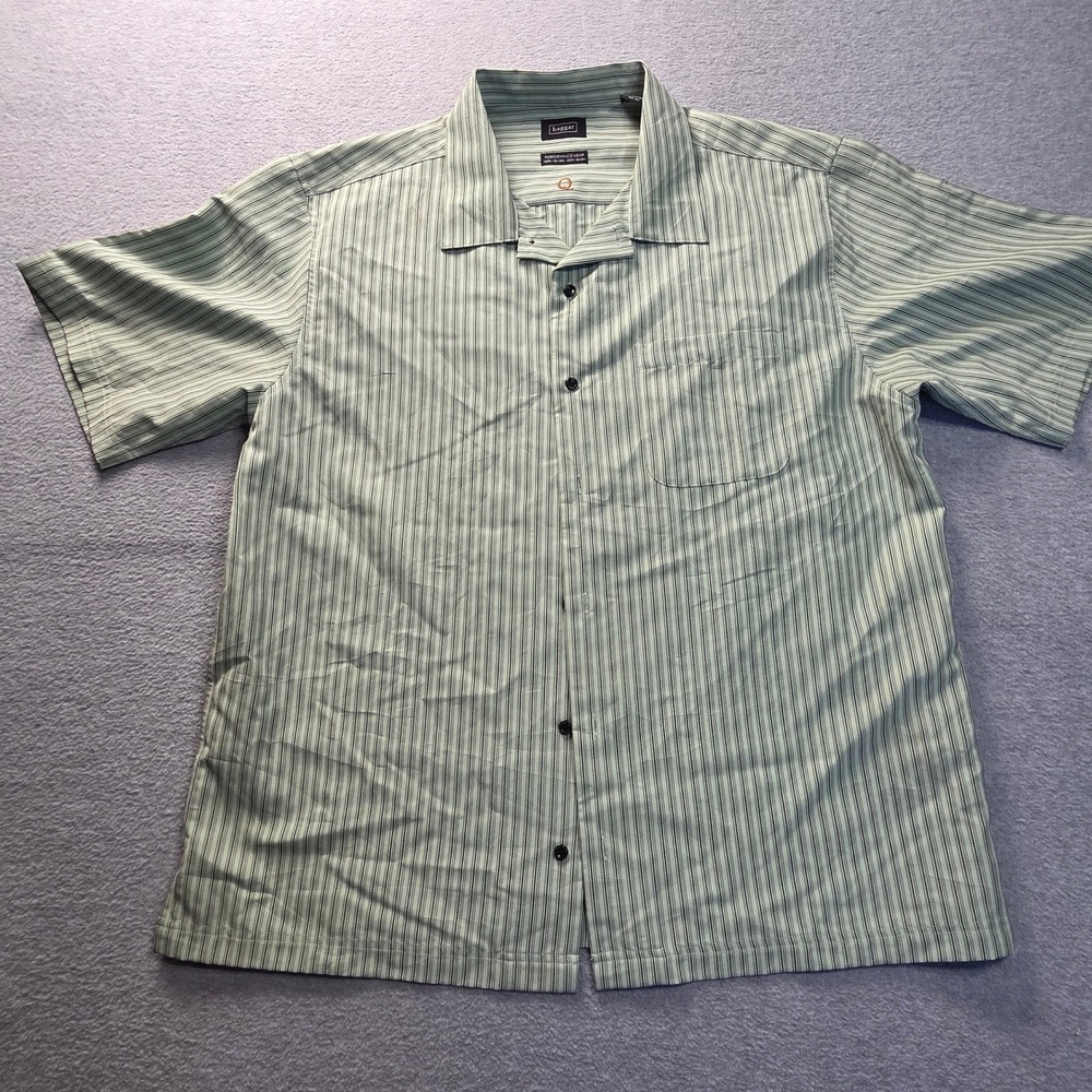 Haggar Performance Wear Golf Shirt Mens L Green Striped Button Front Camp Collar